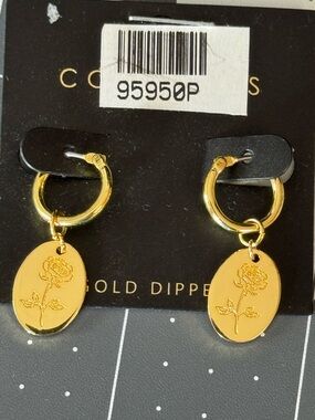 NWT Gold Dipped Engraved Rose Coin Huggie Hoop Drop Earrings